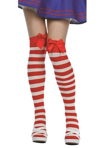 Womens Red White Rag Doll Thigh High Costume Socks