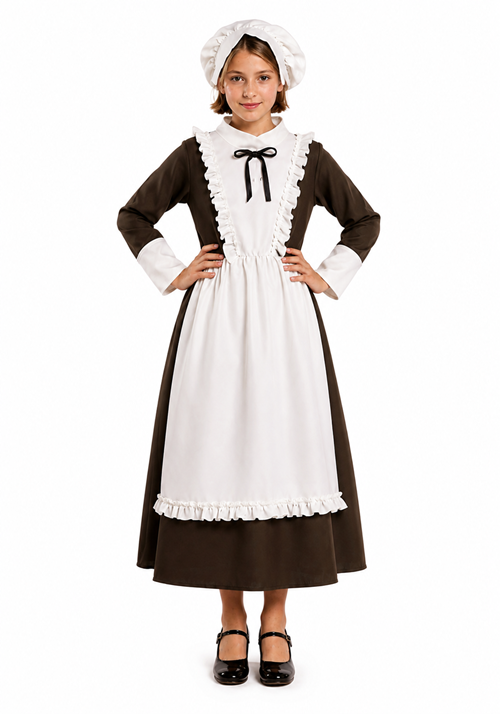 Child Colonial Peasant Girl Olive-Colored Costume Dress