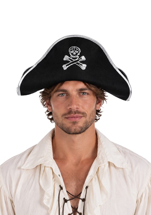 Adult Black Costume Pirate Hat with Silver Trim