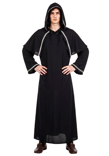 Adult Medieval Black Velvet Hooded Warlock Robe Costume
