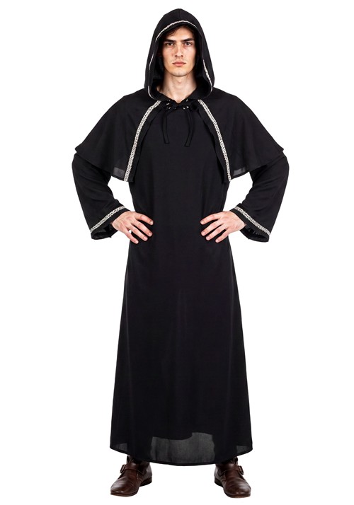 Adult Medieval Black Velvet Hooded Warlock Robe Costume