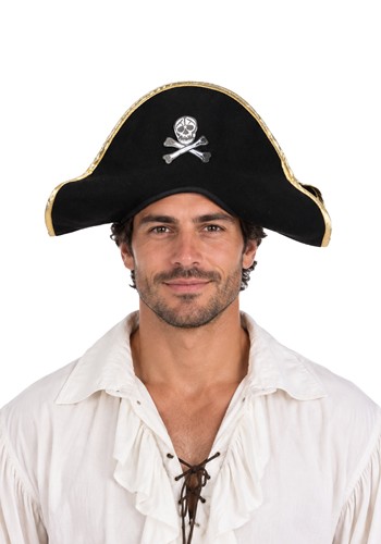 Adult Pirate Black Felt Costume Hat with Gold Trim