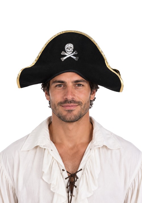 Adult Pirate Black Felt Costume Hat with Gold Trim