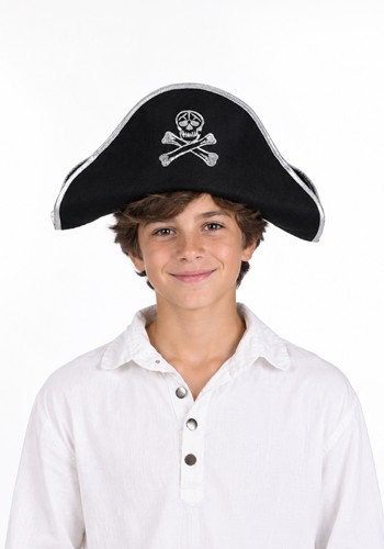 Kids Black Pirate Costume Felt Hat Silver Trim
