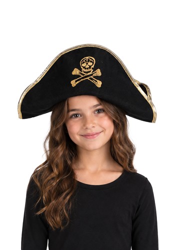 Black Felt Pirate Hat with Gold Trim for Kids