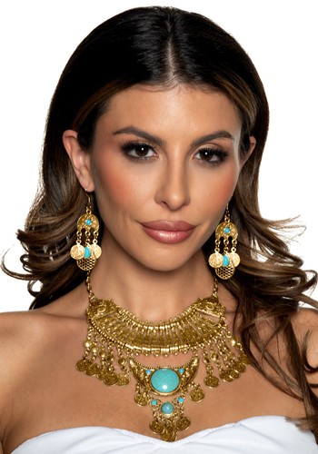 Womens Gold Egyptian Necklace Earring Costume Kit