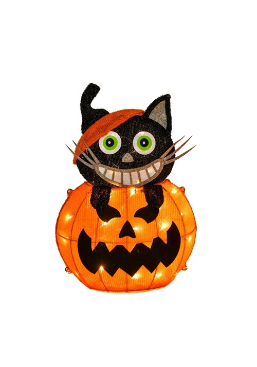 Light Up 3D Black Cat on Pumpkin Decoration