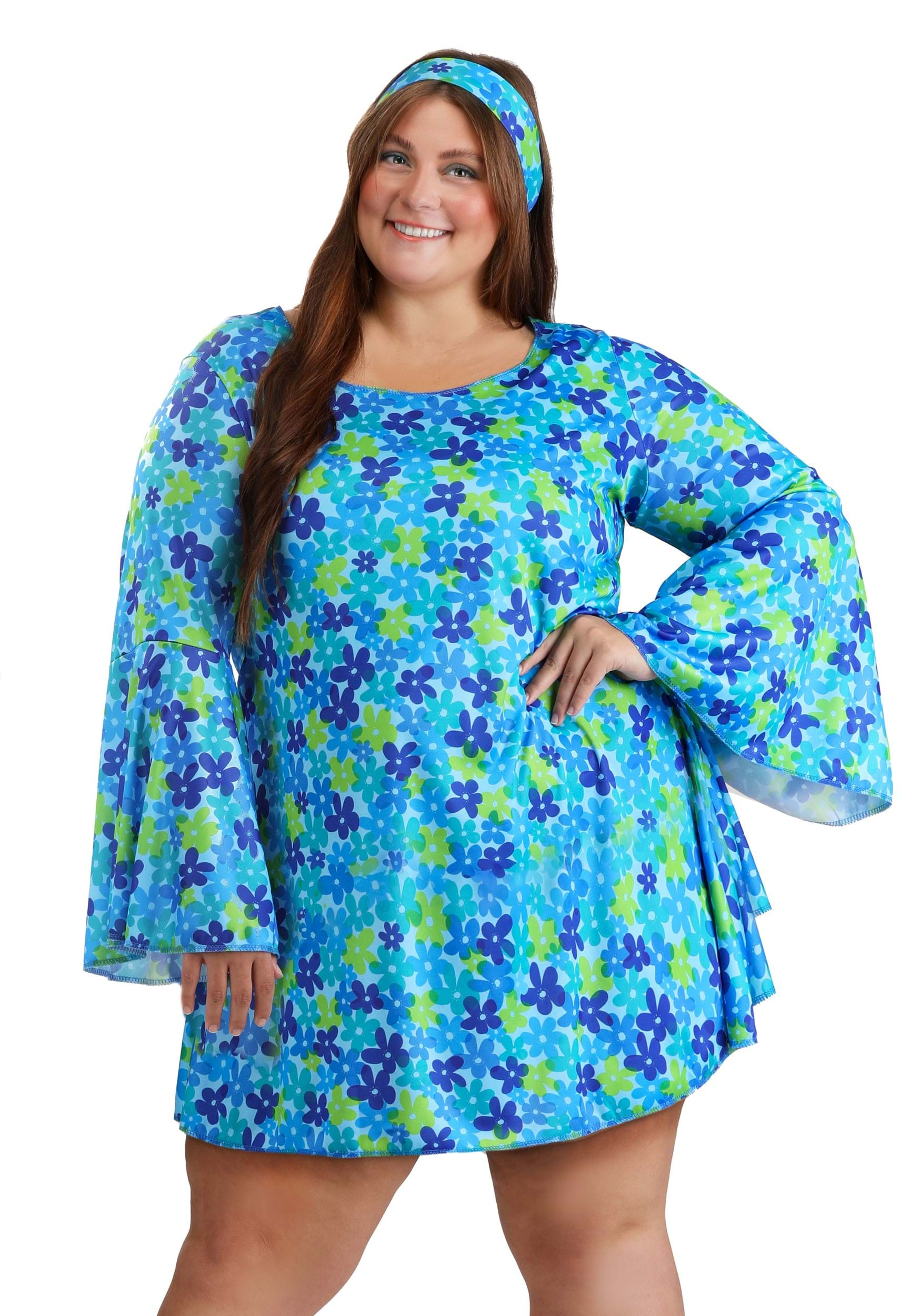 Plus Size Wild Flower 70 s Hippie Dress Costume for Women Adult Womens Green Blue 2x Fun Costumes