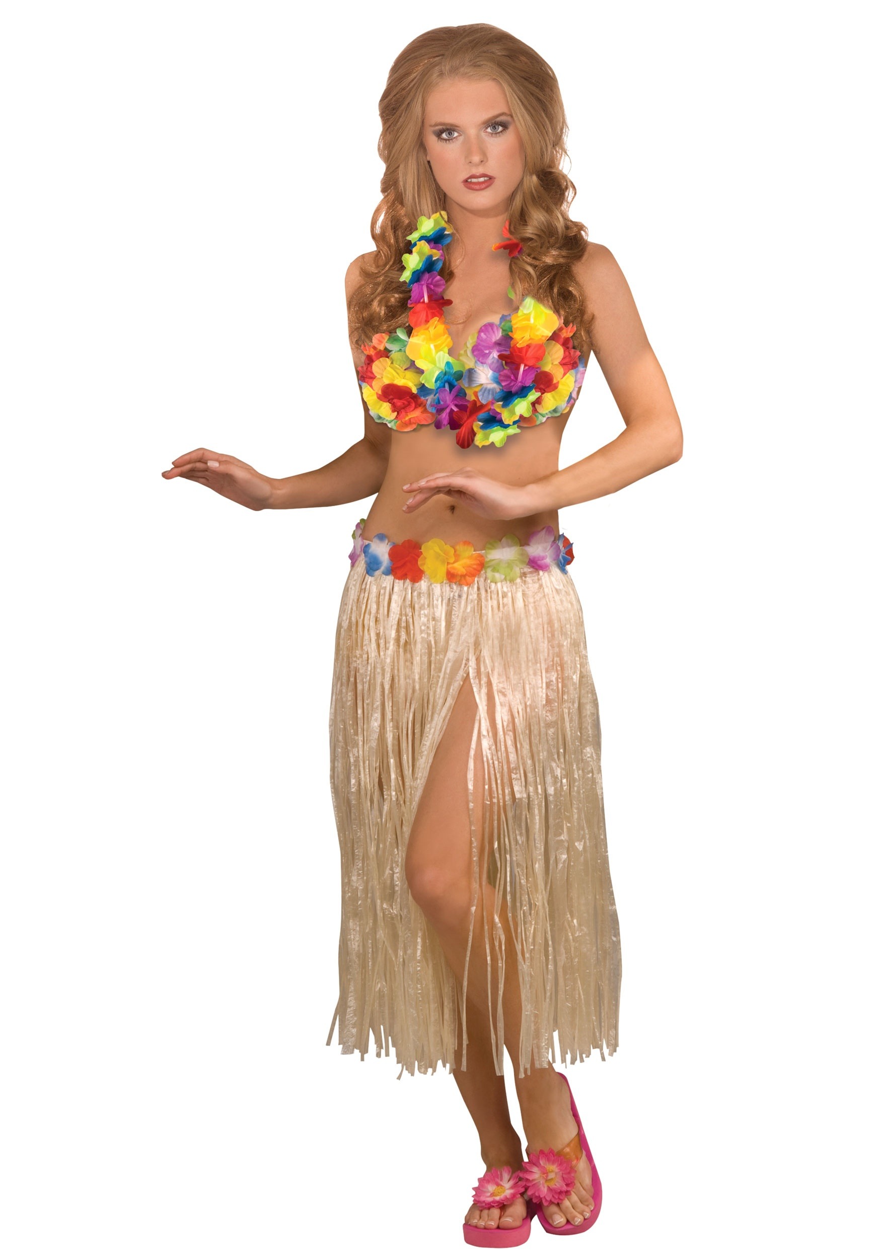 Hawaiian Hula Grass Skirt & Coconut Bra 4 PC Set- Necklace