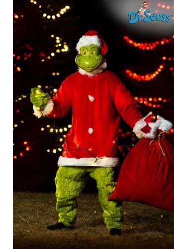 Mens The Grinch Santa Jumpsuit with Mask Costume Update