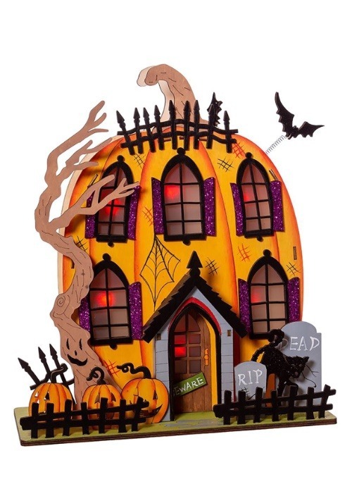 Light-Up Wooded Jack-O Lantern House Table Décor