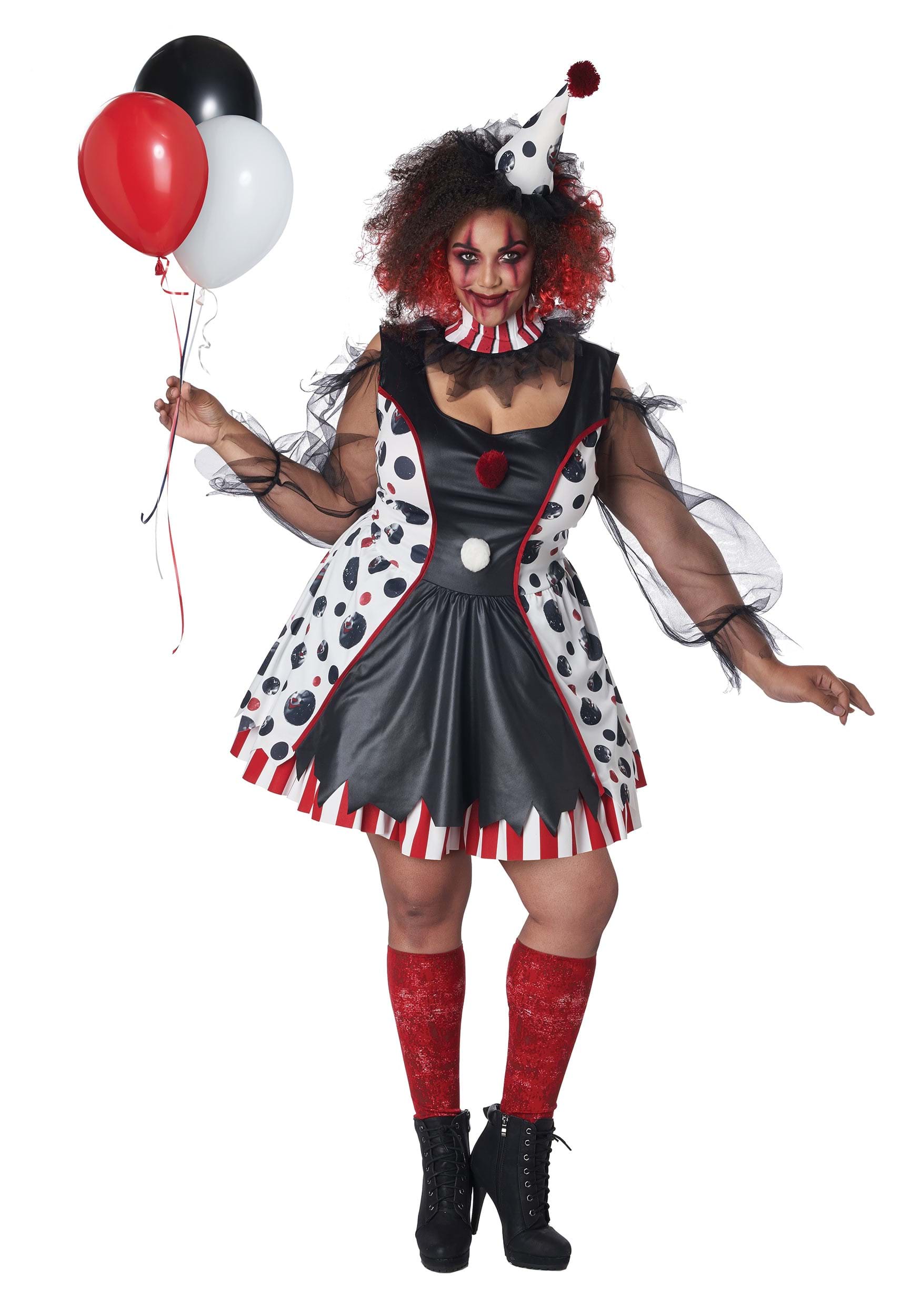 Creepy female clown from IT, costume dress, long sleeves, pom pom