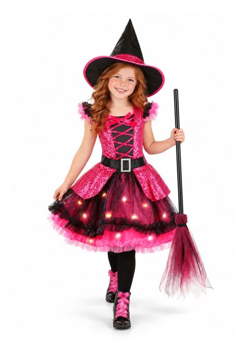 Girls Pink Light Up Witch Costume New Main 1