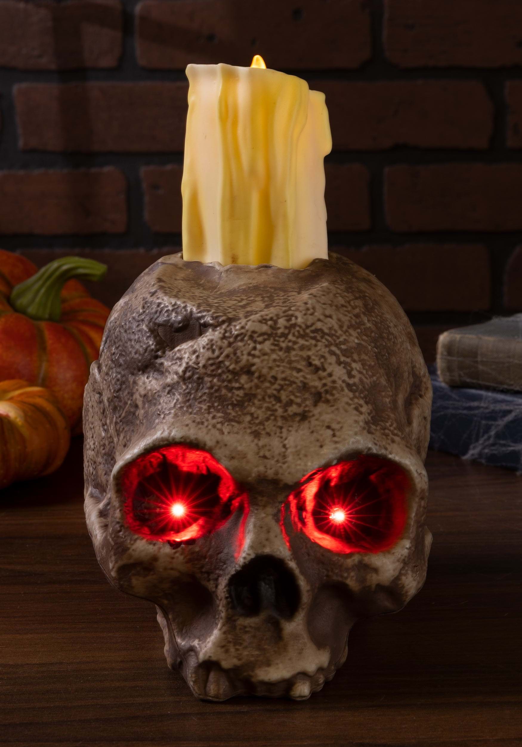 Fun Costumes Ancient Skull Candle Decoration with Red Light Up Eyes, Spooky Creepy Halloween Decor Flameless Battery Operated