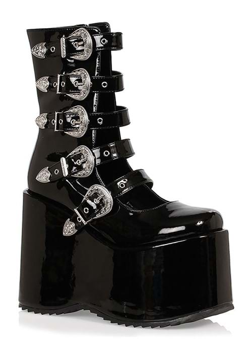 Womens Black Platform Buckle Strap Boots