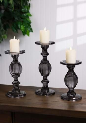 Set of Three Gray Transparent Glass Candleholders