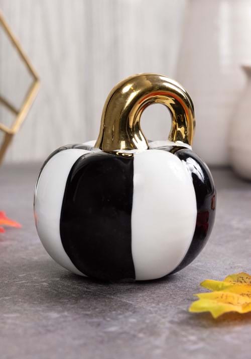 3" White and Black Striped Ceramic Pumpkin