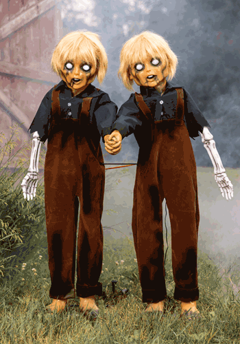4FT Creepy Twin Boys Animatronic Halloween Prop