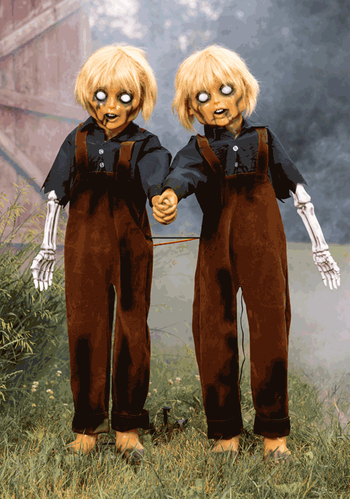 4FT Creepy Twin Boys Animatronic Halloween Prop