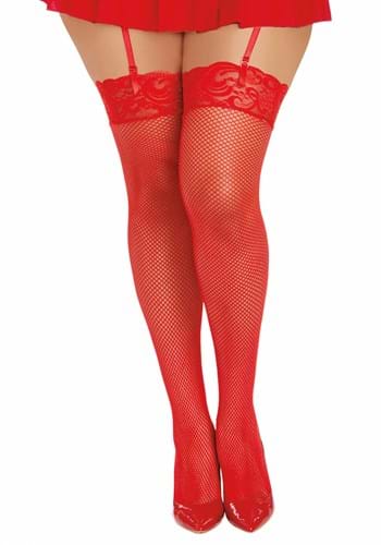 Women's Plus Size Red Thigh High Fishnet w/ Lace T