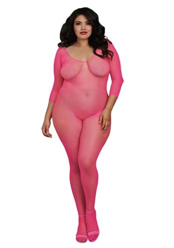 Womens Plus Size Pink Fishnet Crotchless Body Stocking