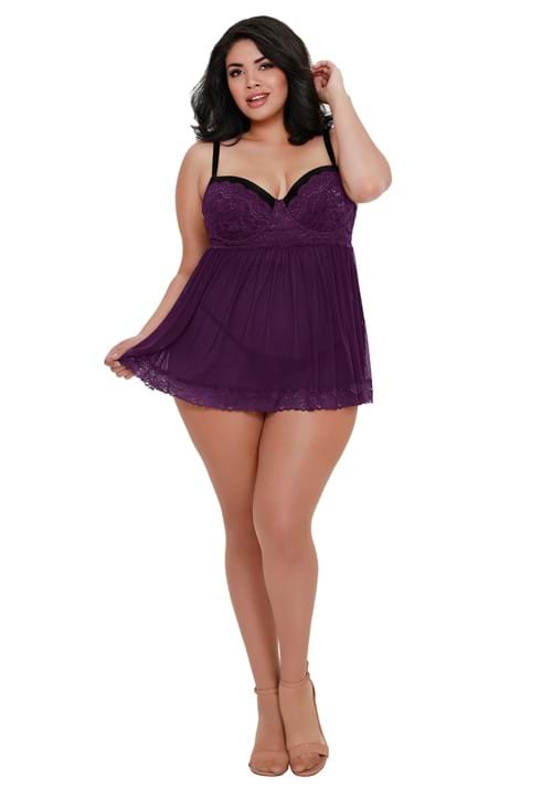 Plus Size Mesh Lace Plum Babydoll G String