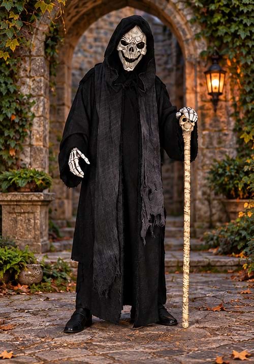 Adult Dark Reaper Costume Coat with Skull Mask and Skeleton