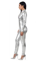 Womens Metallic Silver Lame Zip Front Bodysuit Alt 2