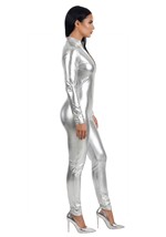 Womens Metallic Silver Lame Zip Front Bodysuit Alt 3